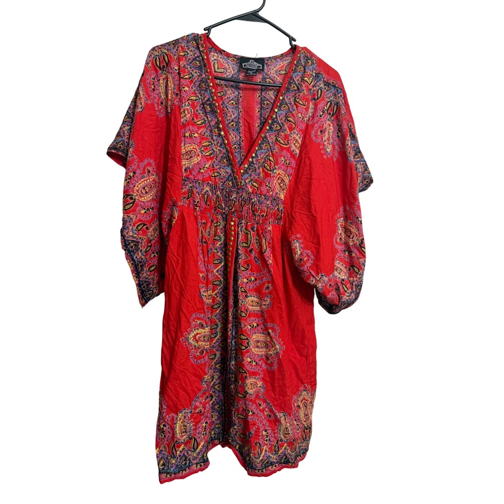 Angie Red Paisley Kaftan Mini Dress Smocked Waist Studded V-Neck Boho Medium